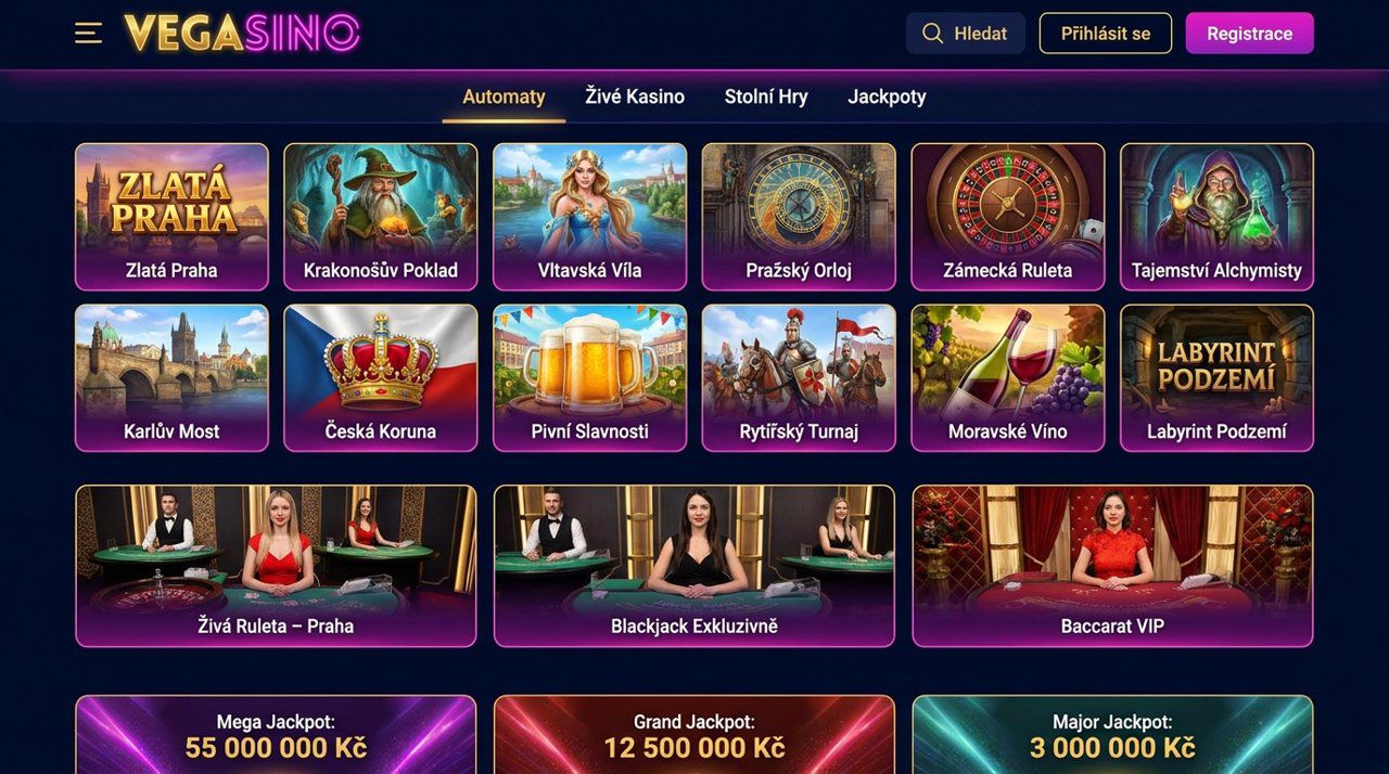 Snímek obrazovky webu Vegasino s nabídkou automatů, živého kasina a jackpotů