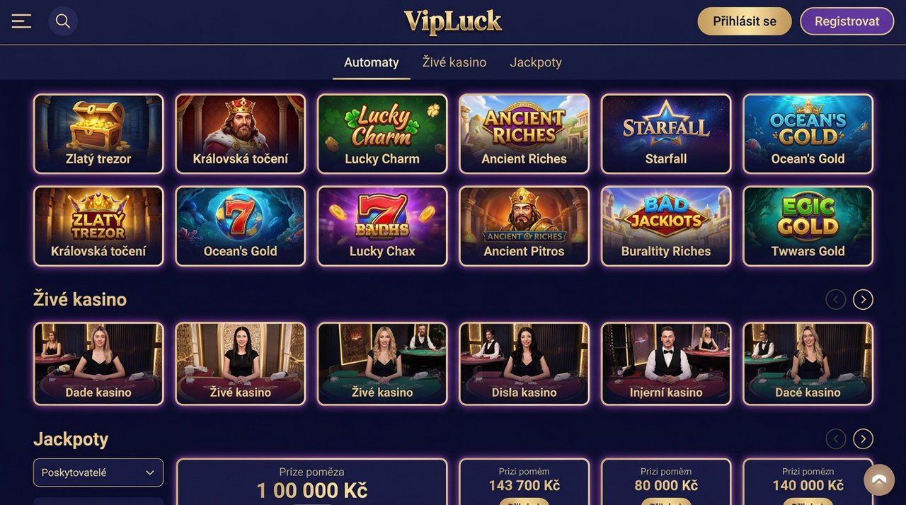 Úvodní stránka online kasina VIPLuck s nabídkou automatů, živého kasina a jackpotů