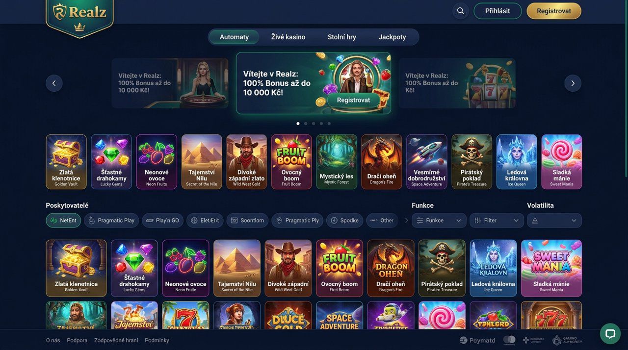 Ukázka úvodní stránky online casina Realz s nabídkou automatů, živého kasina a jackpotů