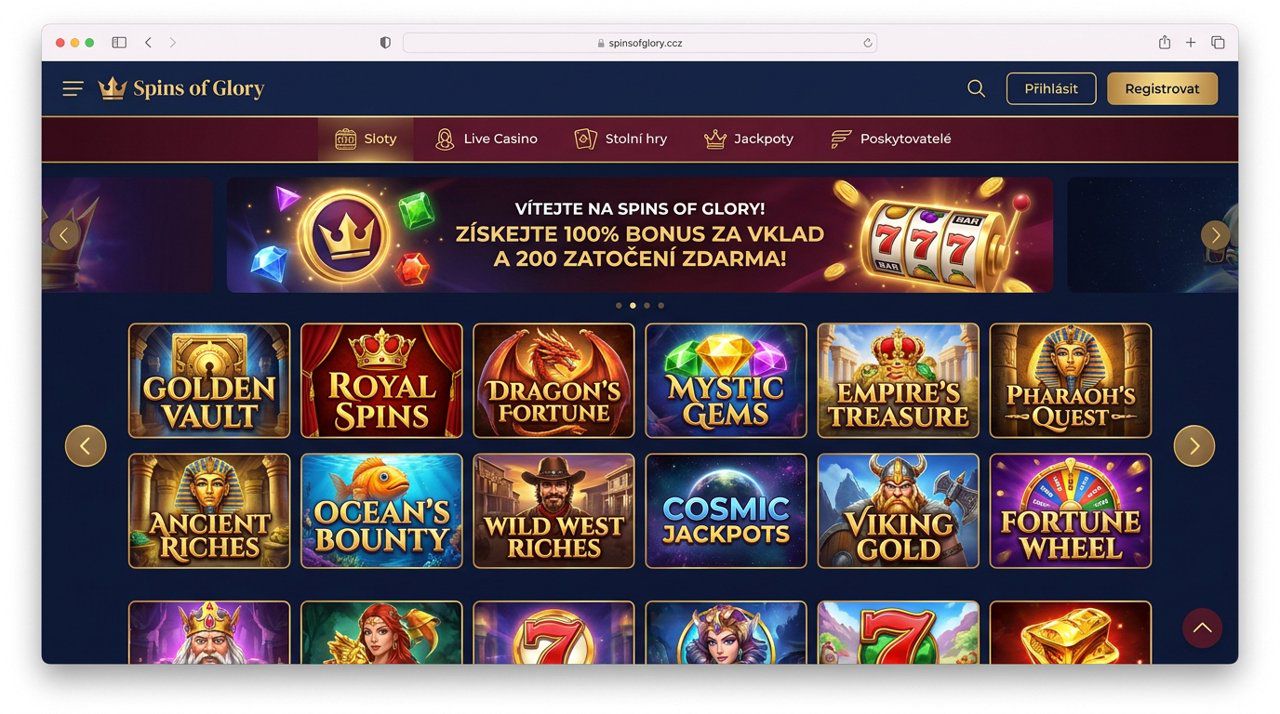 Úvodní stránka online casina Spins of Glory s nabídkou automatů
