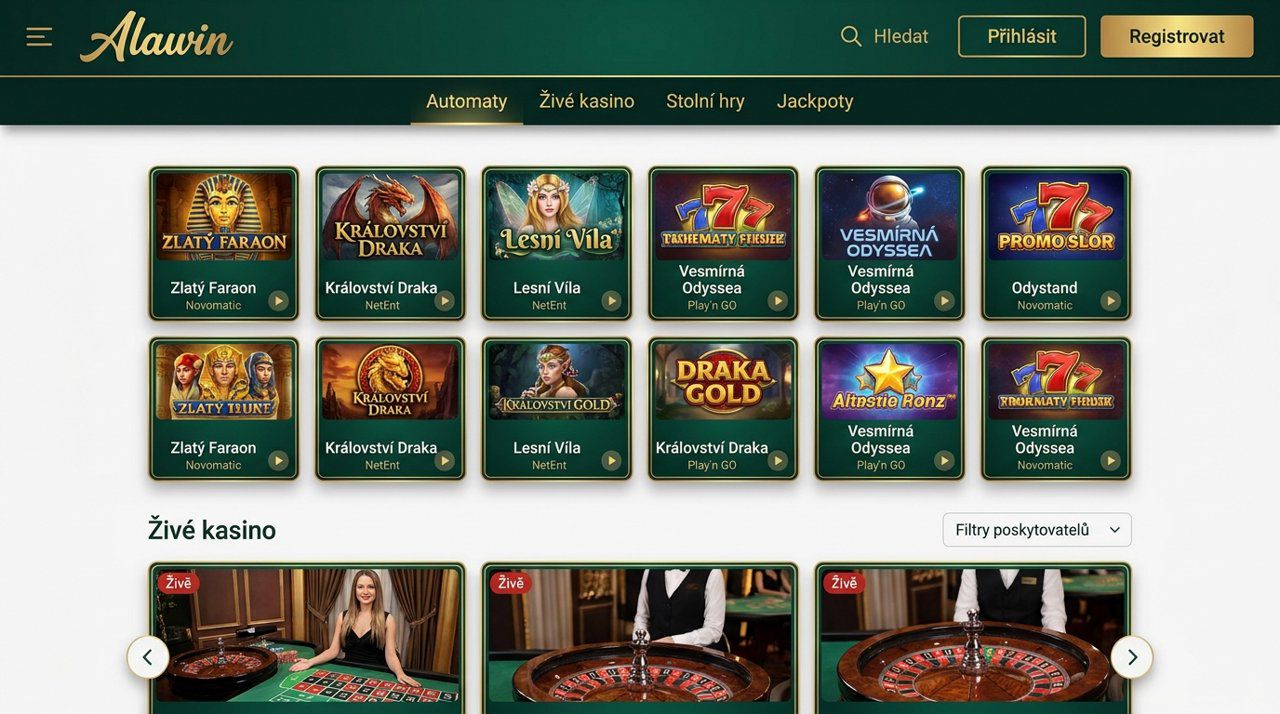 Úvodní stránka online casina Alawin s nabídkou automatů, živého kasina a stolních her