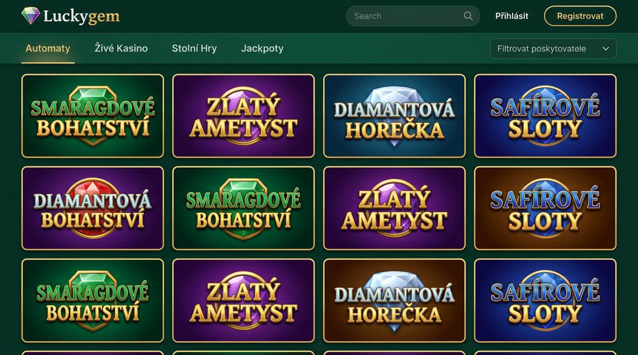 Úvodní stránka online kasina Luckygem s nabídkou automatů a živého kasina