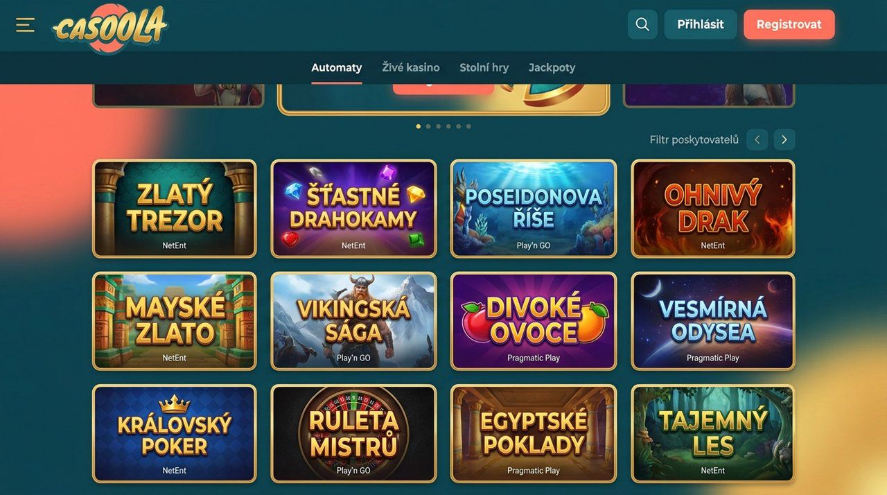 Úvodní stránka online casina Casoola s nabídkou automatů, živého kasina a jackpotů